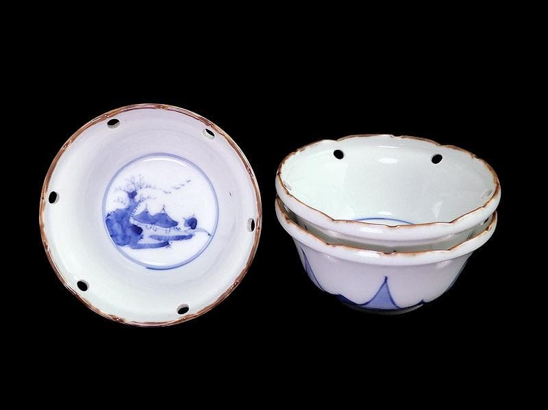 伊万里　染付　雪輪　東屋に山水の図　向付　３客　AS-fbts