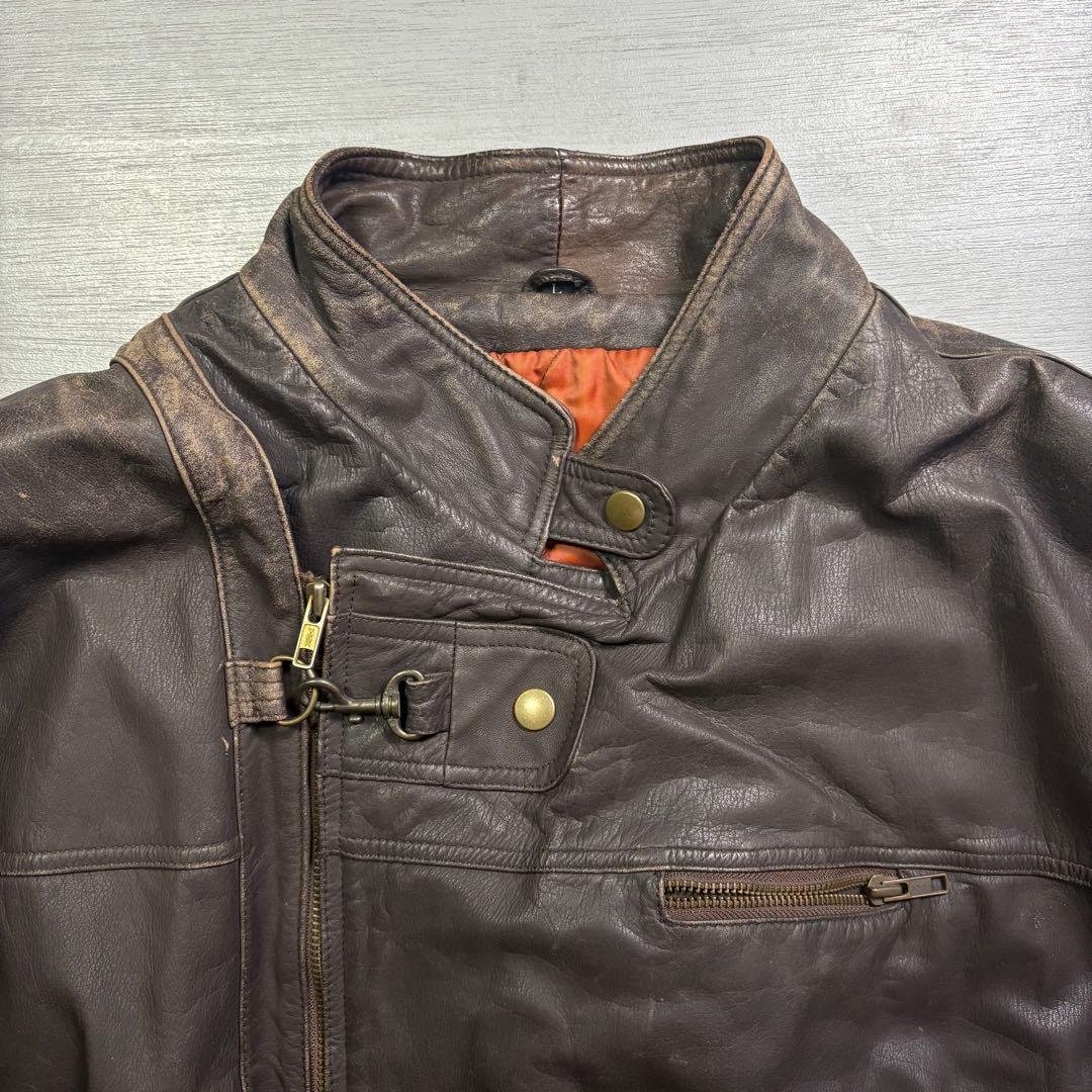 vintage レザーファイヤーマンジャケット　本革オールレザー　短丈　牛革　L