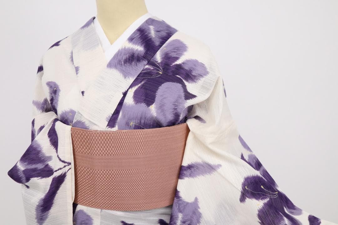 《夏着物『綿絽』小紋◆ツカモト市田『夢工房』紫の花■白■木綿◆US7-14》