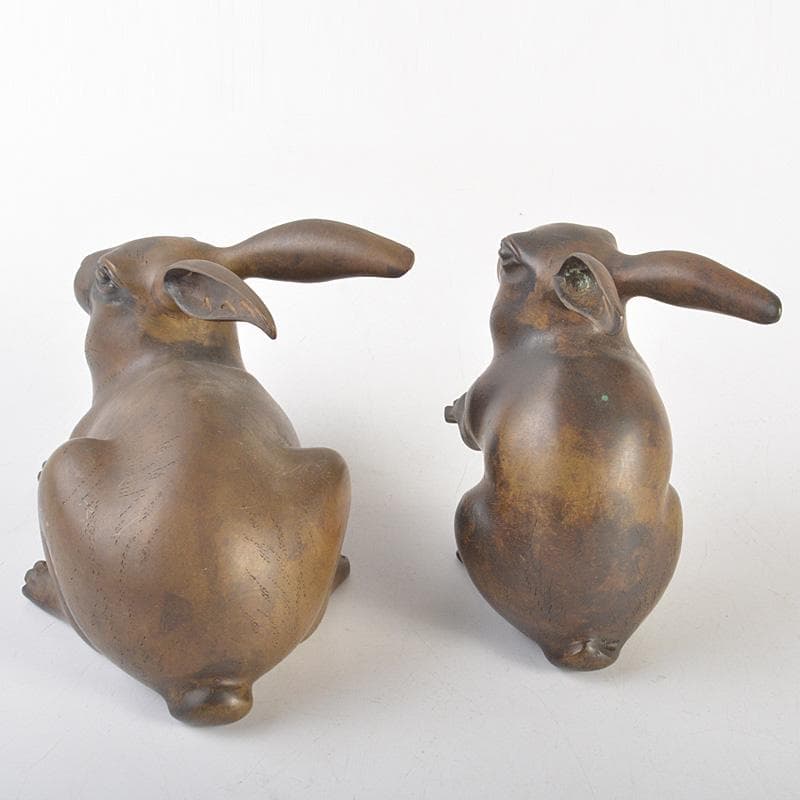ブロンズ像　古銅　うさぎ　兎　一對　置物　重さ合計約2076g　D　R7486