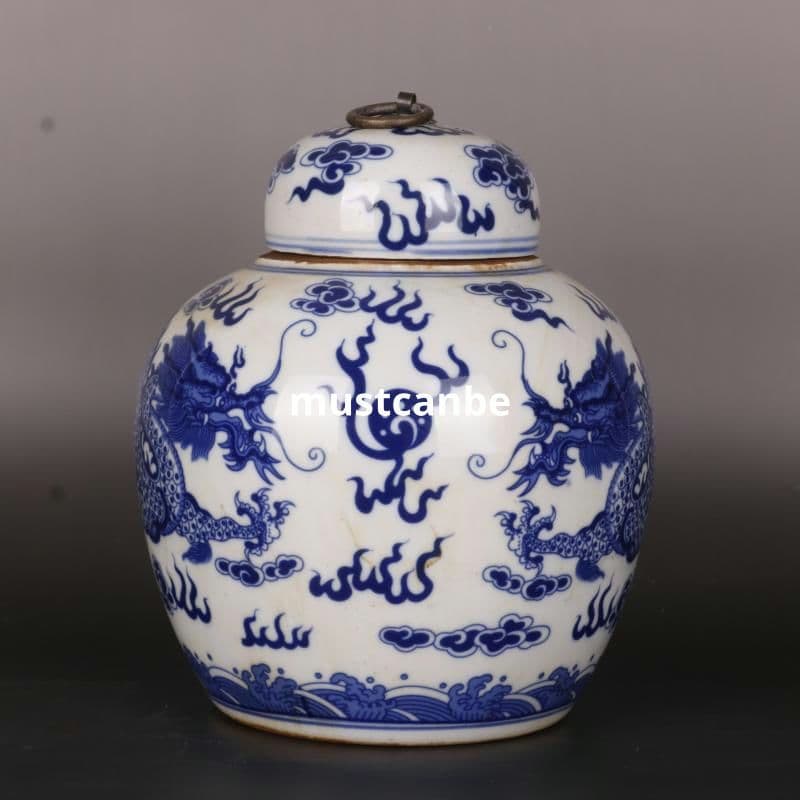 清康熙鯖双龍戯珠紋蓋缶 景徳鎮 陶磁器 装飾品 現代工芸品 置物