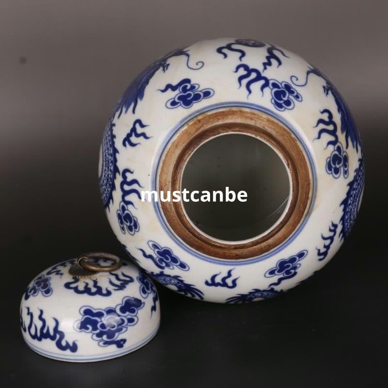 清康熙鯖双龍戯珠紋蓋缶 景徳鎮 陶磁器 装飾品 現代工芸品 置物