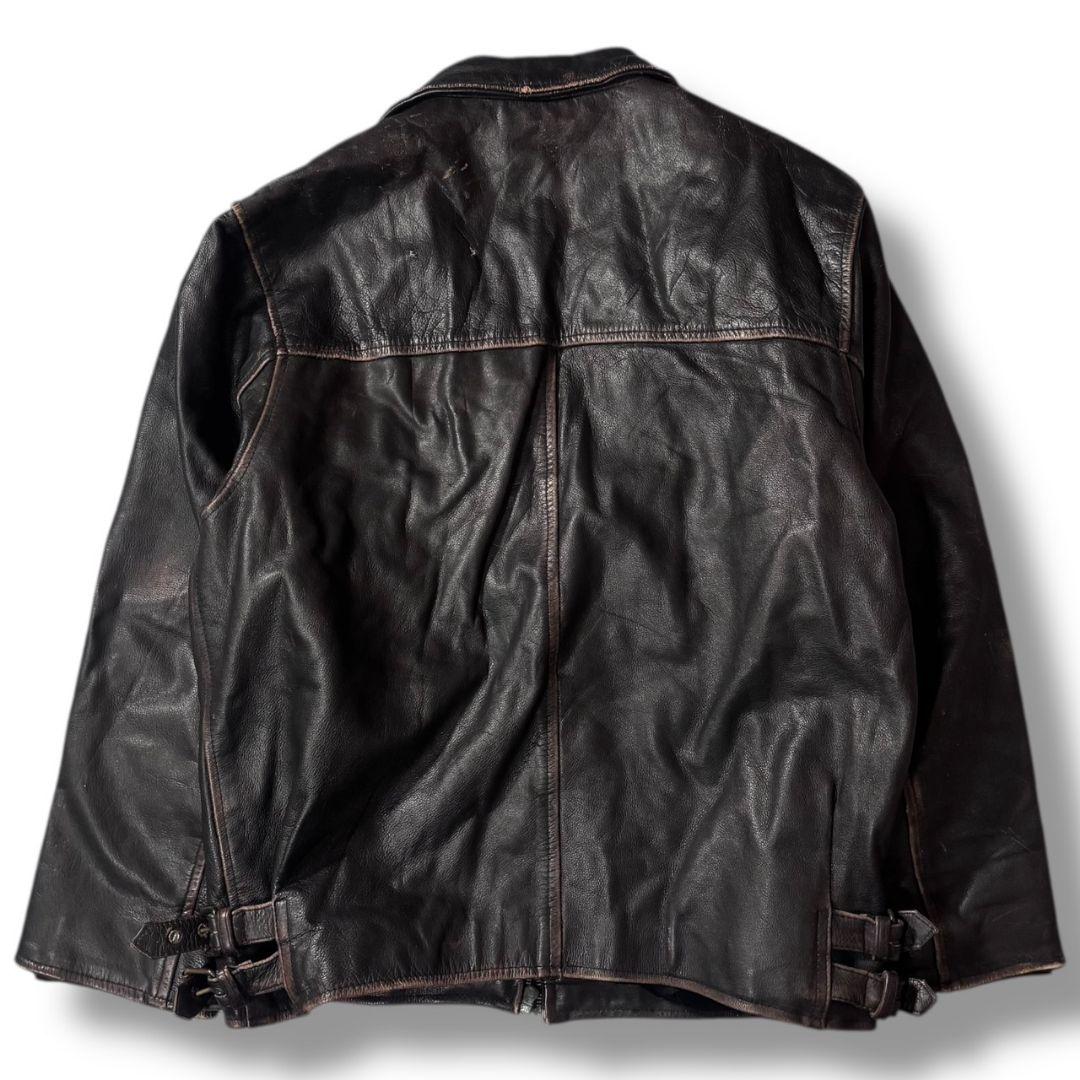 茶芯 ユーロ ヴィンテージ シングルライダース レザージャケット 古着 ブラウン