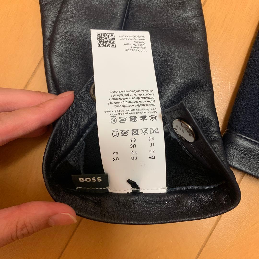 【新品未使用】BOSS レザーウール手袋 黒
