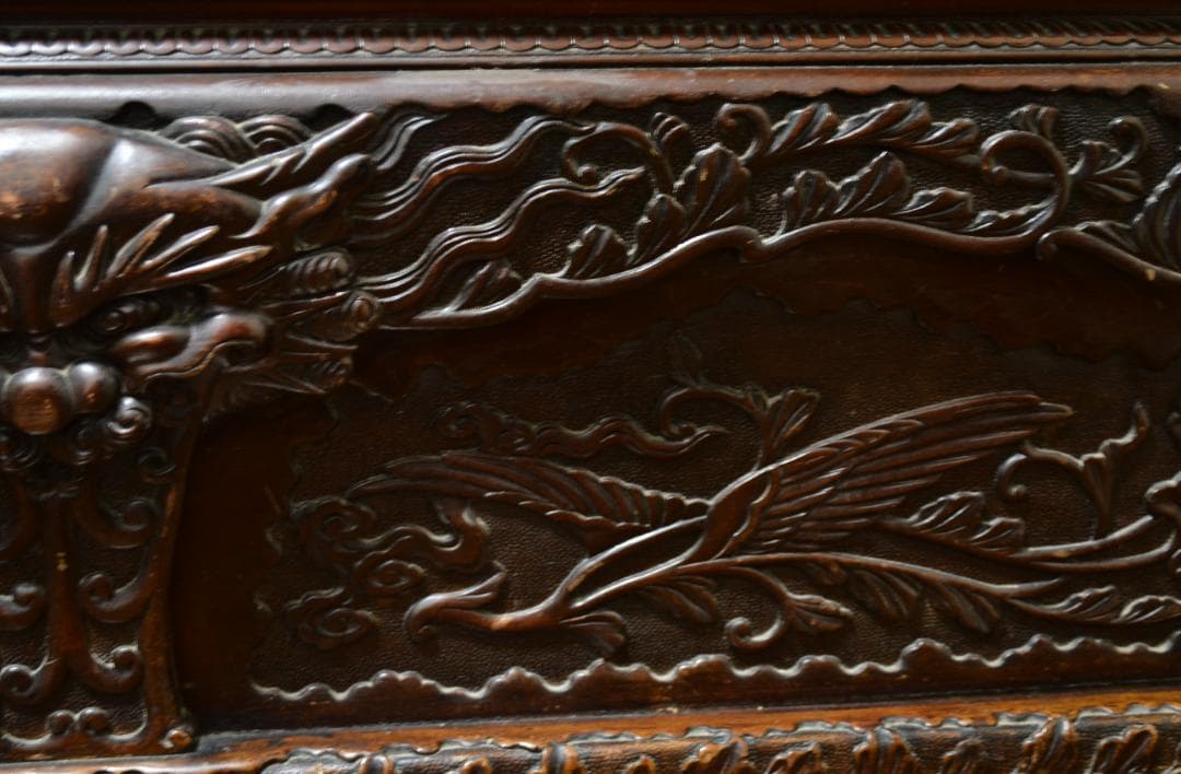 18-19世紀　希少　唐木　龍鳳凰彫刻　中国　長椅子　高級家具　アンティーク