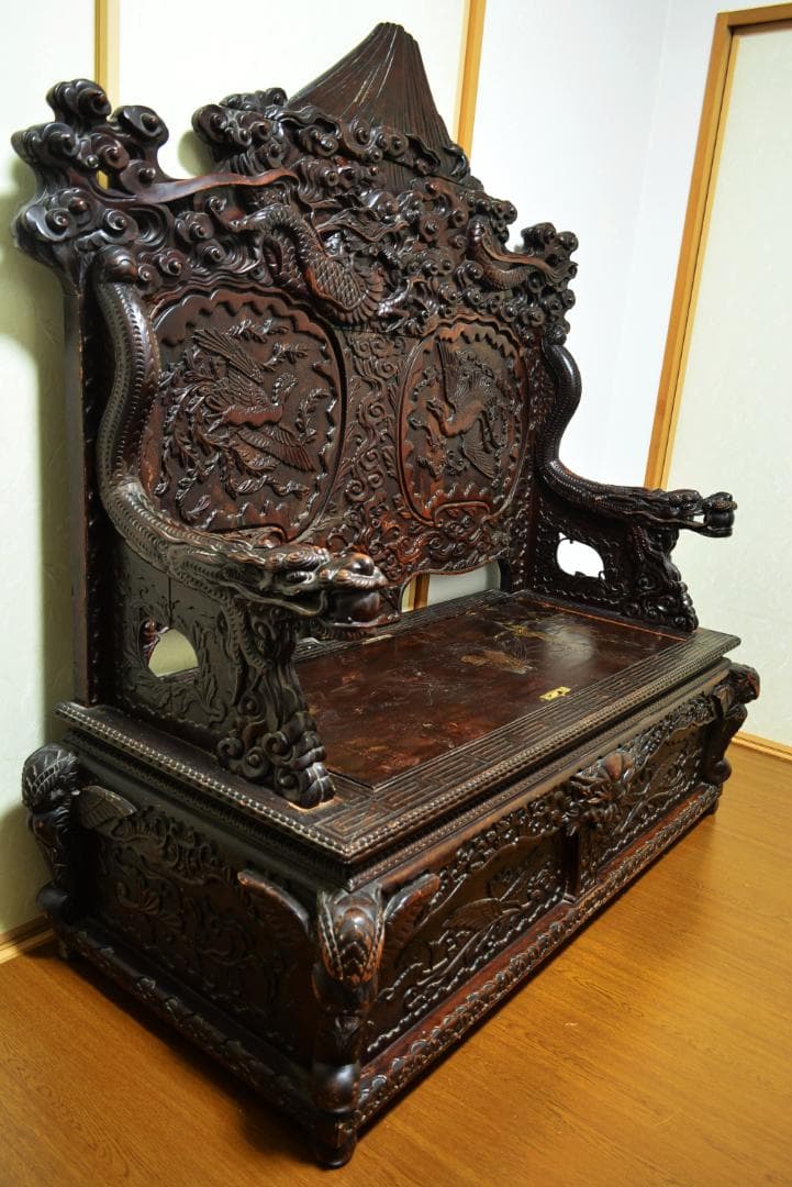 18-19世紀　希少　唐木　龍鳳凰彫刻　中国　長椅子　高級家具　アンティーク