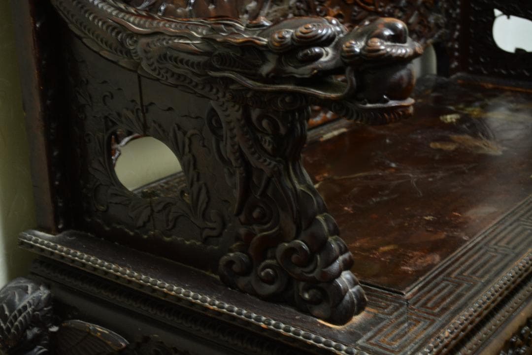 18-19世紀　希少　唐木　龍鳳凰彫刻　中国　長椅子　高級家具　アンティーク