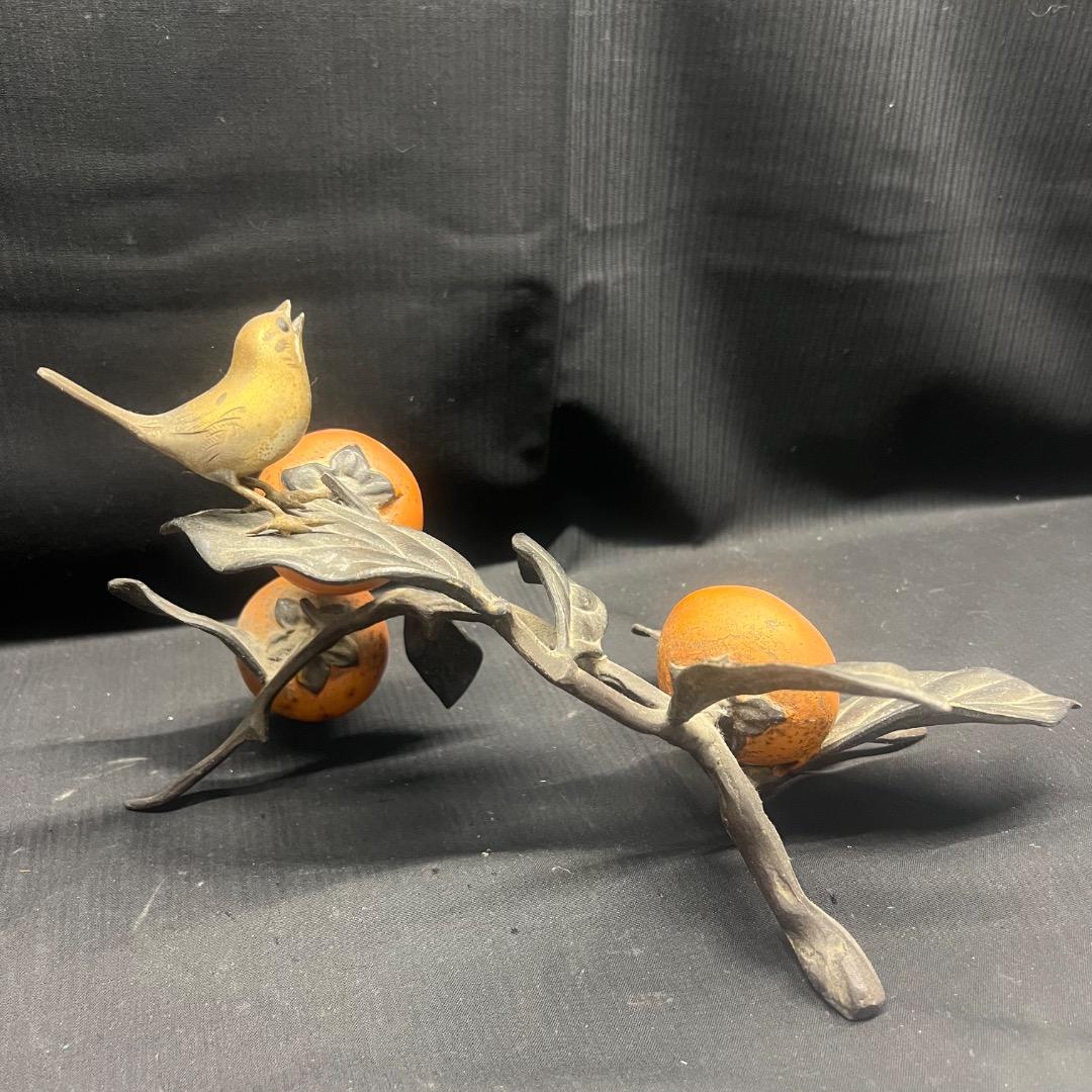 〇※前Gb1016 柿 鳥 置物 金属製