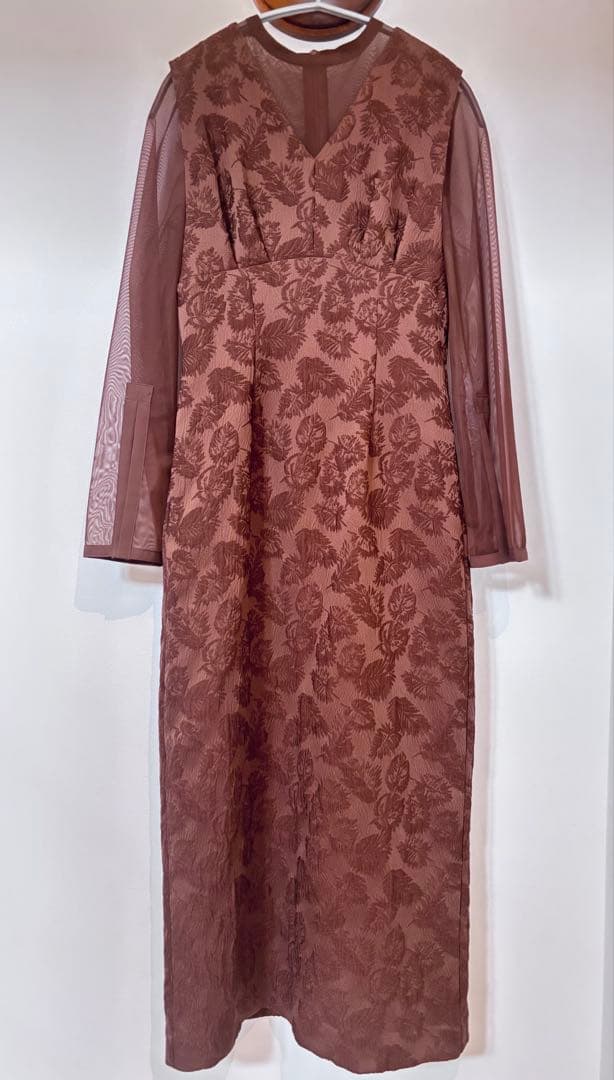 AIMER/ブラウン/S/チュールブラウス付きジャカードIラインパーティードレス