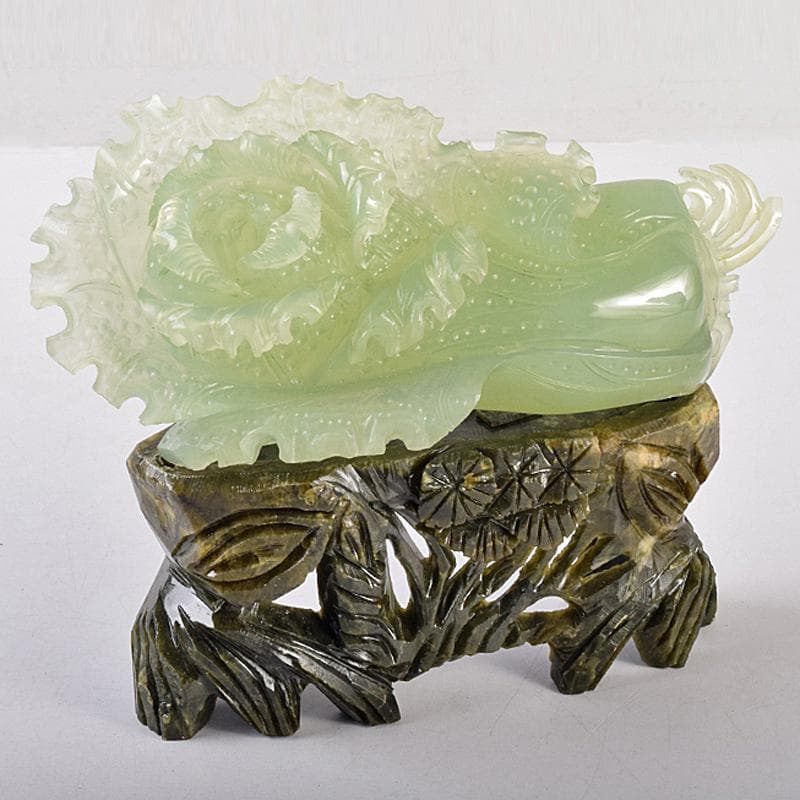 中国　玉石岫玉彫刻　白菜　置物　床飾　御隆坊古代宮廷家俱館証明書付　VR8842