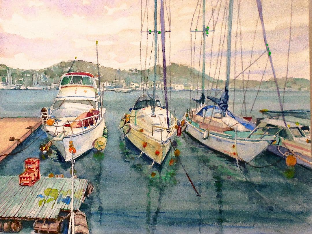水彩画 浦郷町のヨット 額装あり