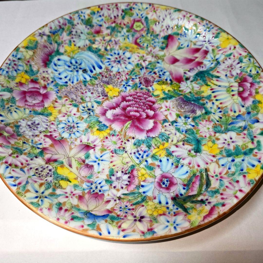 乾隆年製 中国美術 粉彩百花不落地/花詰 28cm 大皿 盛皿