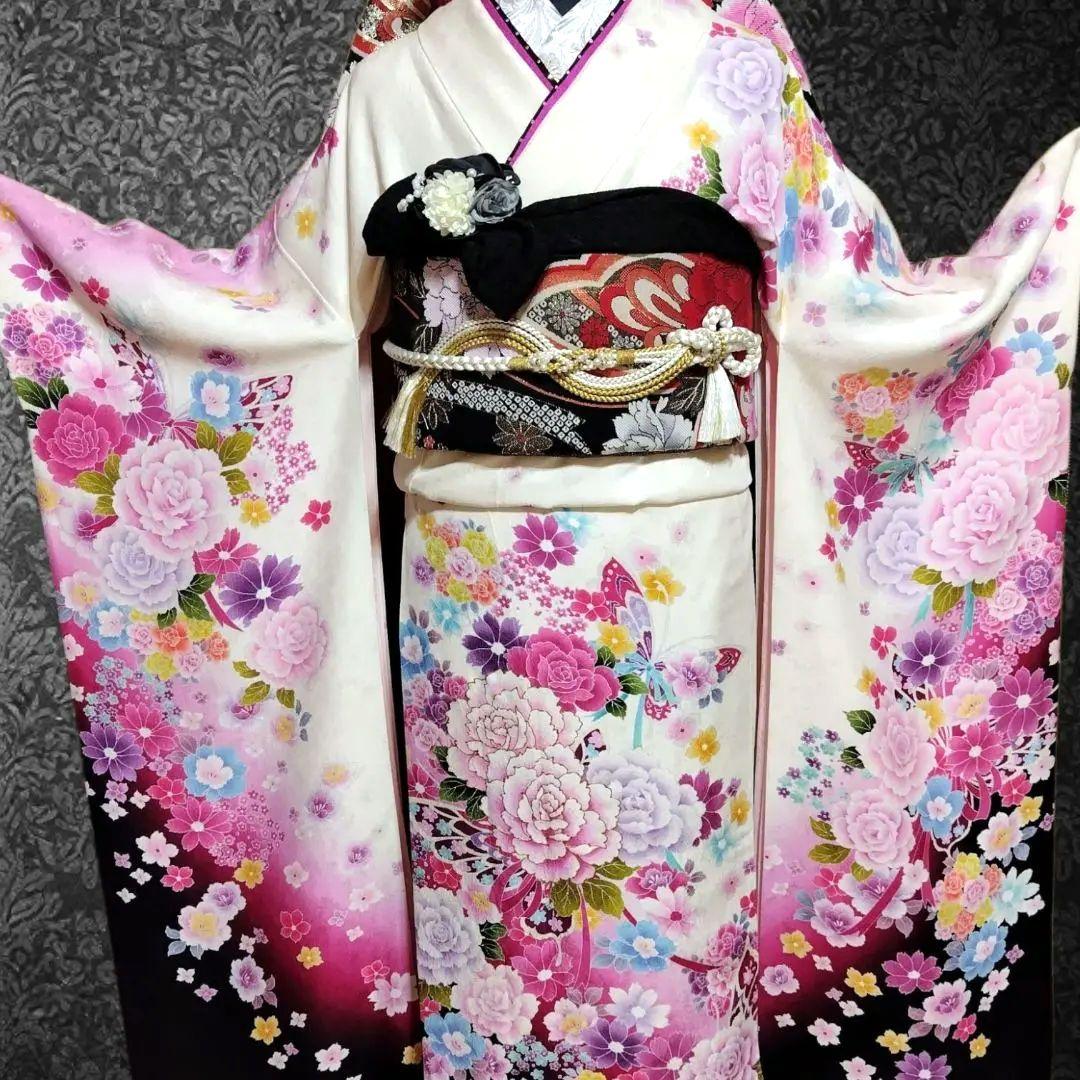 振袖フルセット(8点)・京都きもの友禅・舞蝶牡丹・花模様・逸品