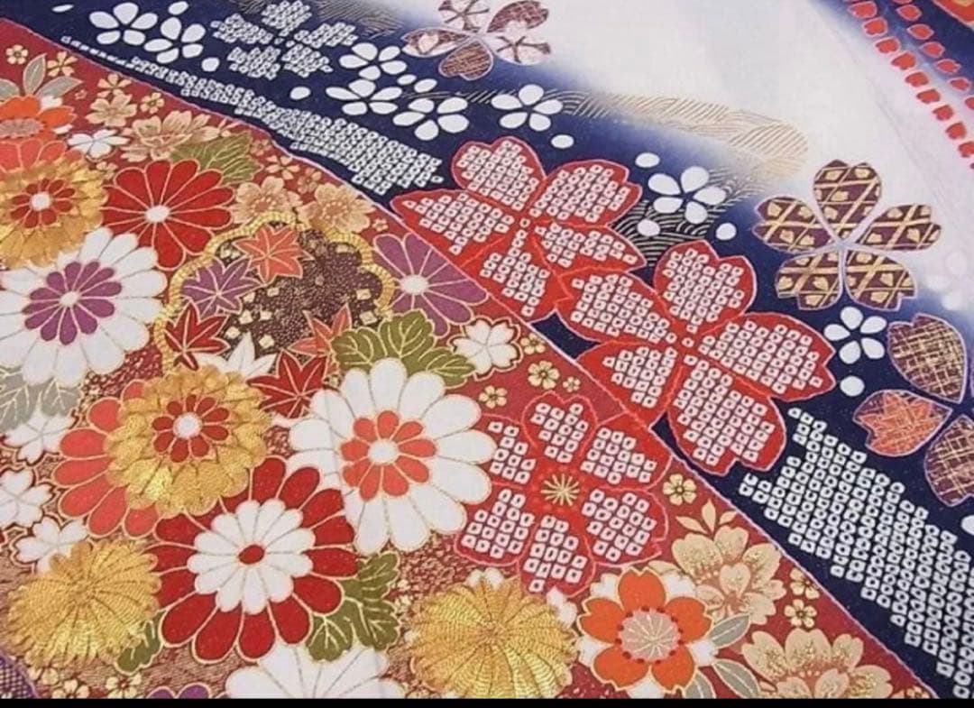 正絹 振袖 紺×白 豪華古典柄 金通し 高身長対応 身丈171.5