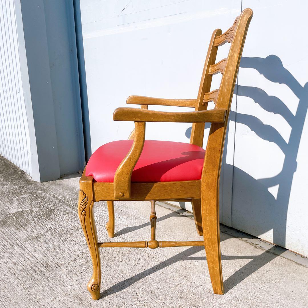 【極美品】フランスアンティーク アームチェア ダイニングチェア 猫脚 赤レザー②