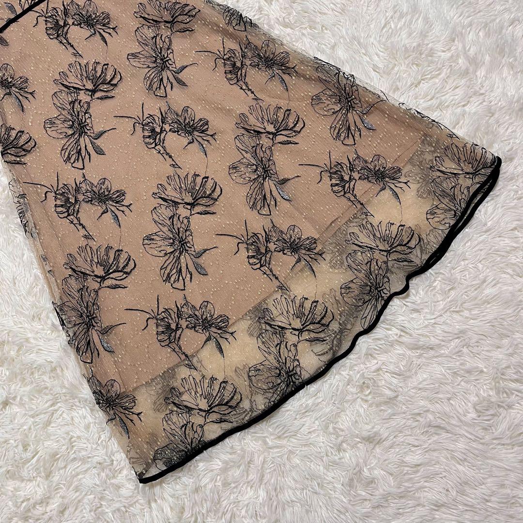 Leja 配色パイピング花柄刺繍ラメワンピースドレス ベージュ　S