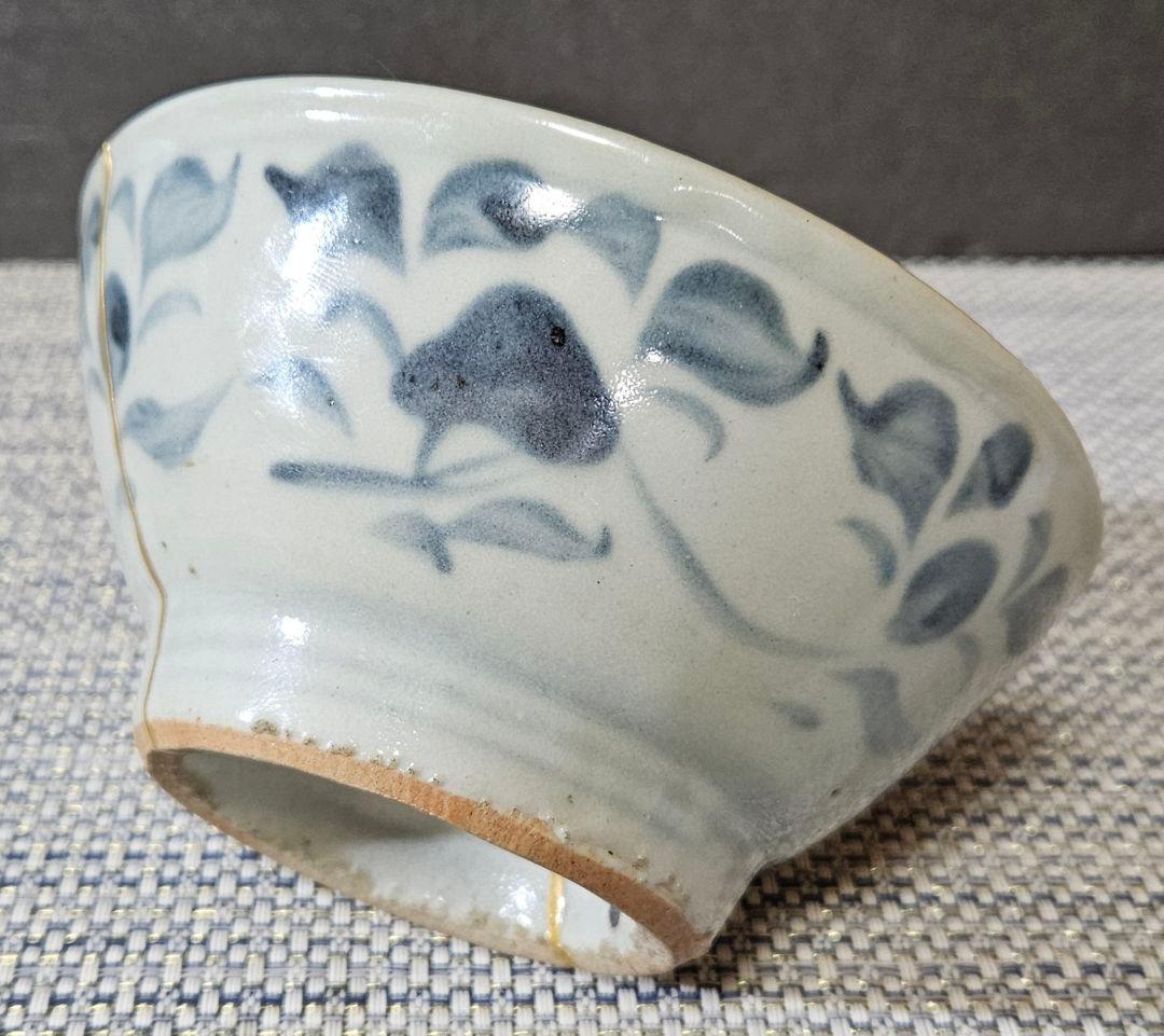 中国古陶磁器　明代 明朝　青華　古染付　 呉須　草花文様　茶碗　茶道具　茶器