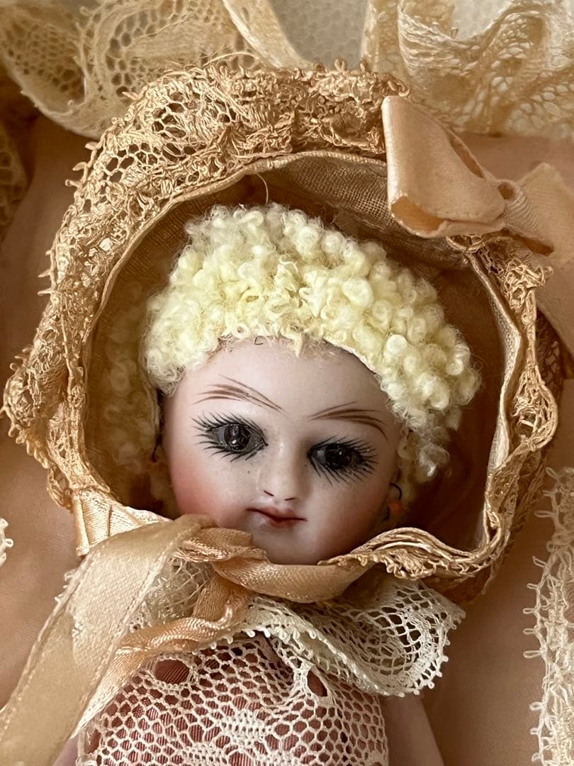 アンティークヴィンテージビスクドールミニョネット ボックスローズリボンレース