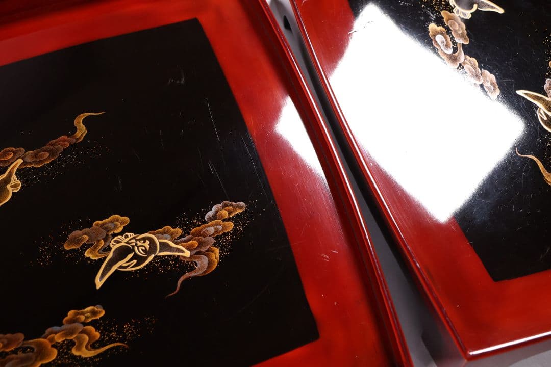 【MA700】時代木製漆器 雲雀蒔絵 吸物盆 十客 金蒔絵 黒塗溜塗 足付四方膳