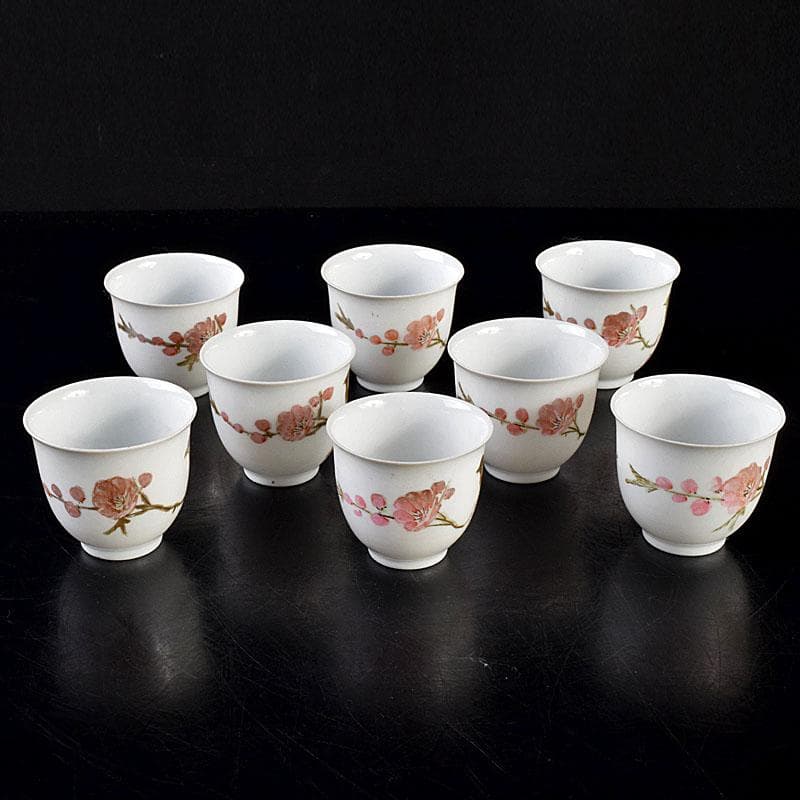 中国　乾隆年製款　薄胎　粉彩　鳥桜文　煎茶碗　八客　V　R7584