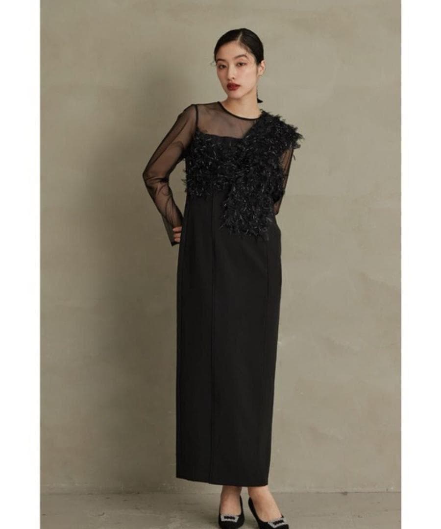 新品　ANDRESD フリンジグリッターノットドレス ブラック　ワンピース