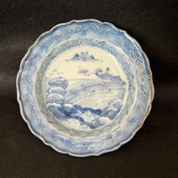 古伊万里　染付　山水文　輪花小皿　5枚