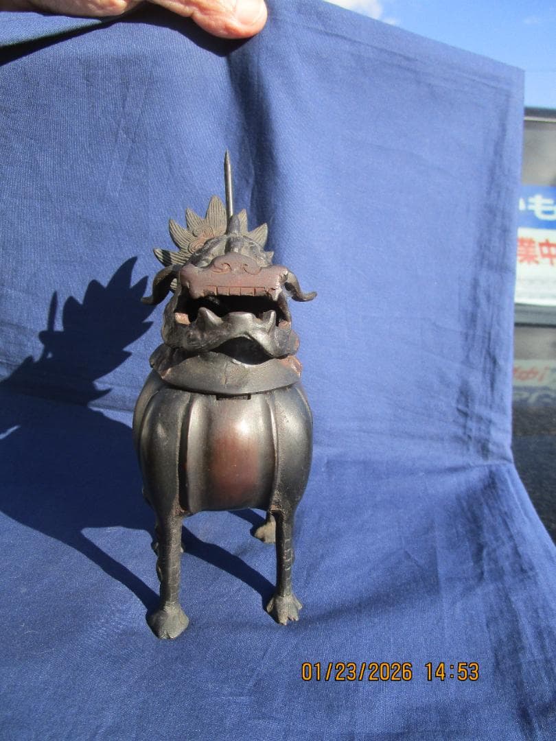 香炉　唐獅子香炉　古銅【?】　頭・取り外し可能　置物　珍型　飾り物　1体