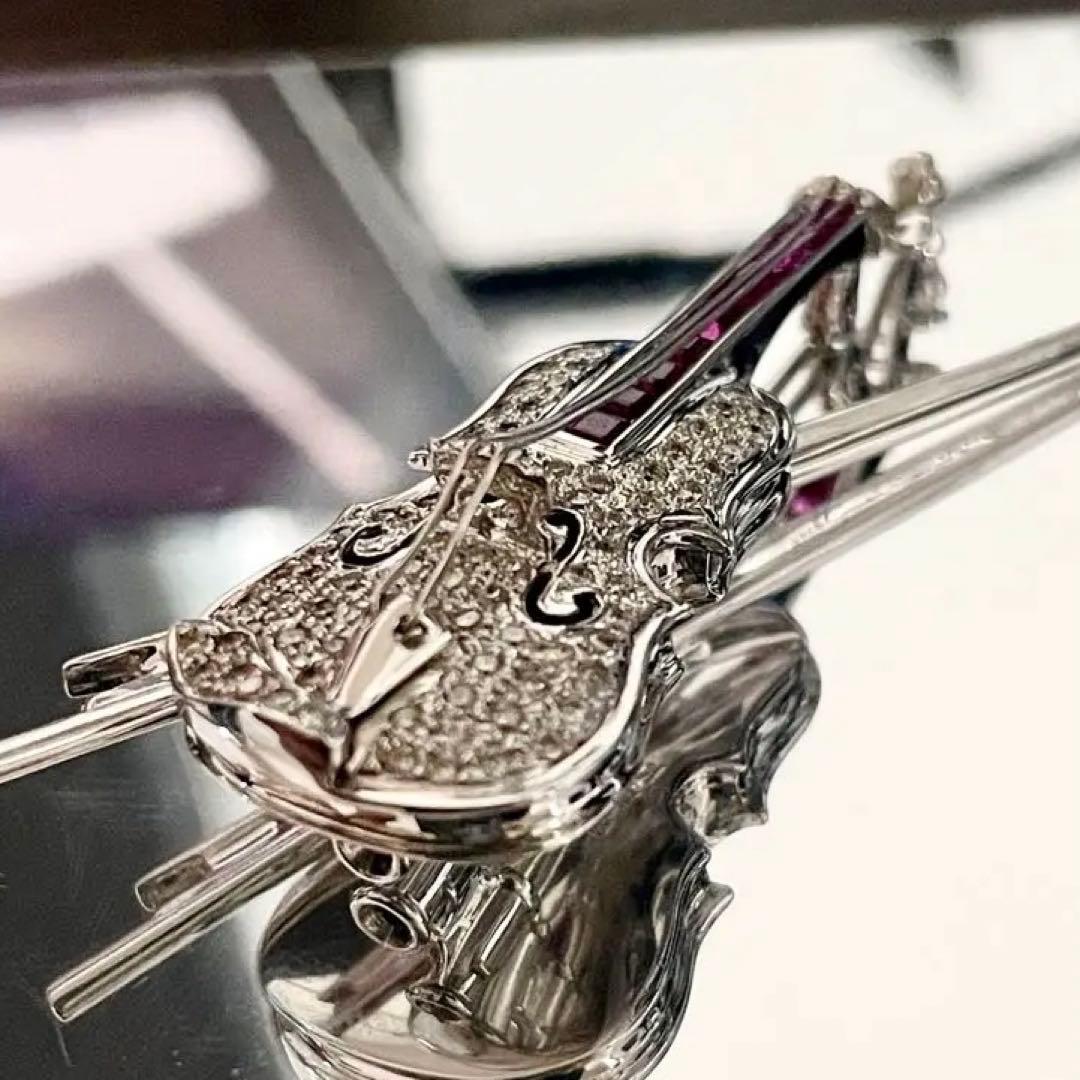 おおちゃん【超豪華】K18WG ダイヤ＋ルビー バイオリン ブローチ