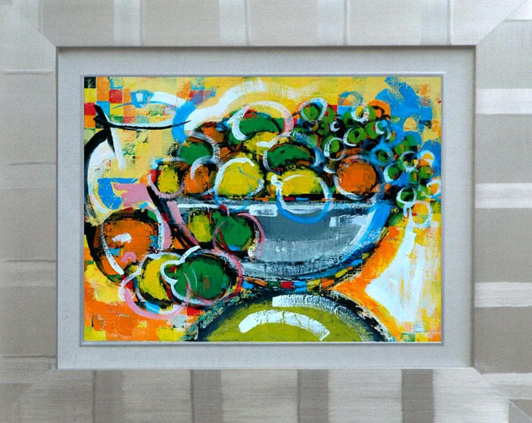 油絵 絵 絵画インテリア 額付(青緑＋金色の枠) uF6-061604 果物花瓶