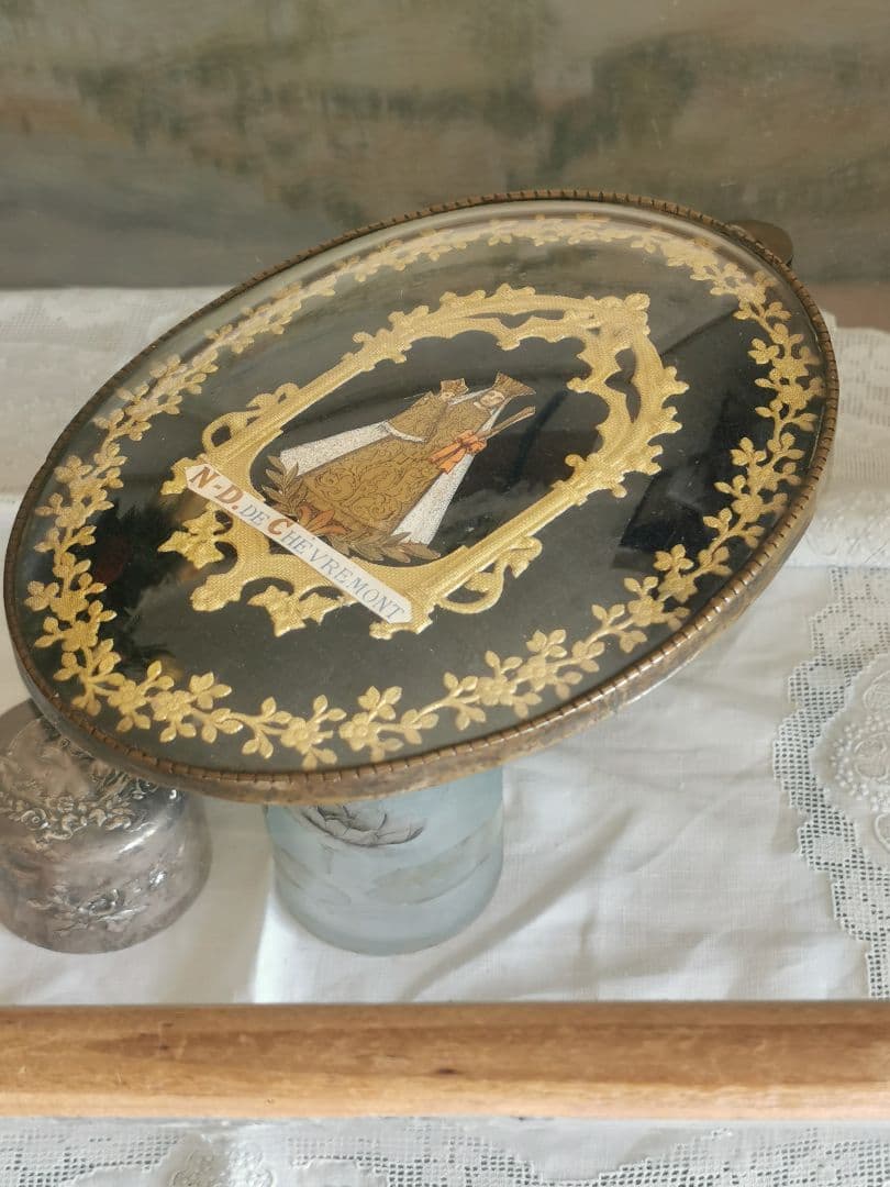 アンティークベルギー 聖母子の紙肖像イコン ボンベガラスドーム マリア イエス