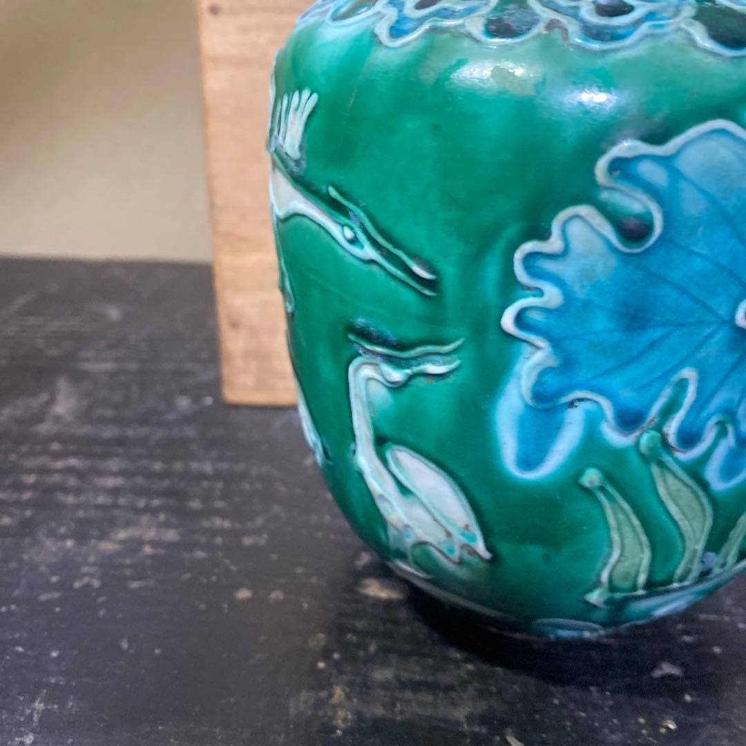 中国古玩　鷺文法華花瓶【桐箱付】10cm13.5cm