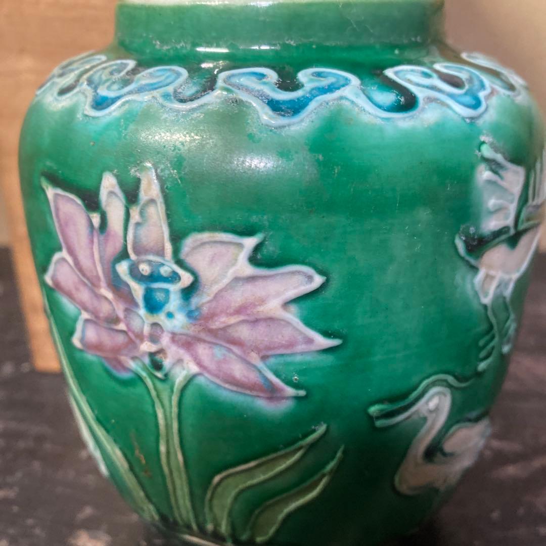 中国古玩　鷺文法華花瓶【桐箱付】10cm13.5cm