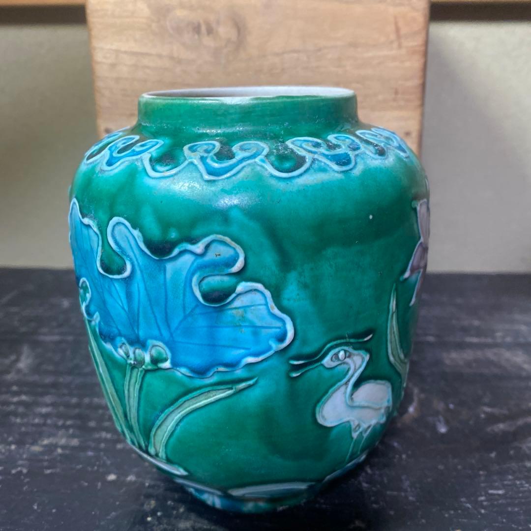 中国古玩　鷺文法華花瓶【桐箱付】10cm13.5cm