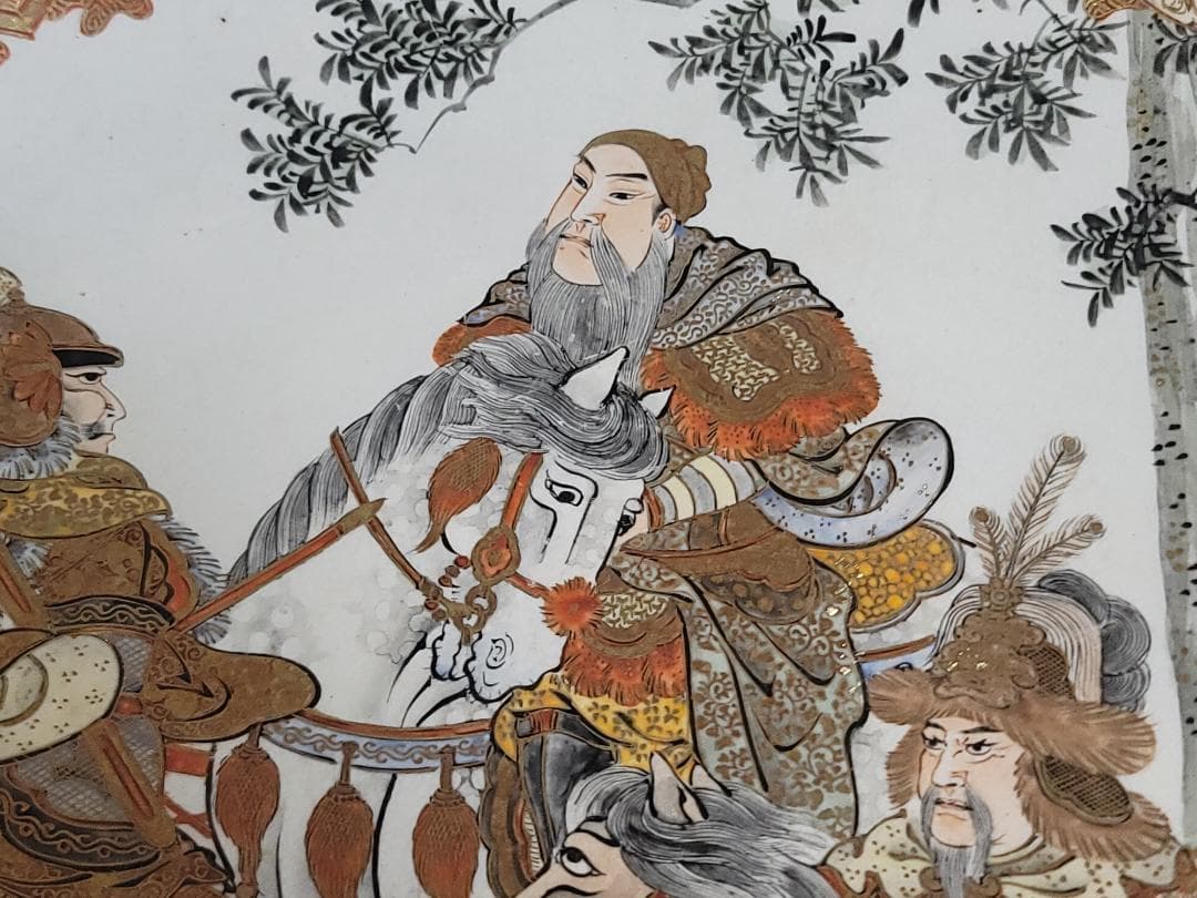 九谷 金彩赤絵 細密 武者絵 一対 幅37 cm 明治時代 DT395