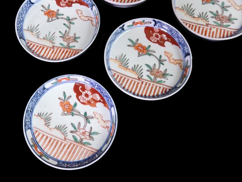 古伊万里　色絵　垣根に椿の図　4寸皿　５枚　F018AS-fbrn