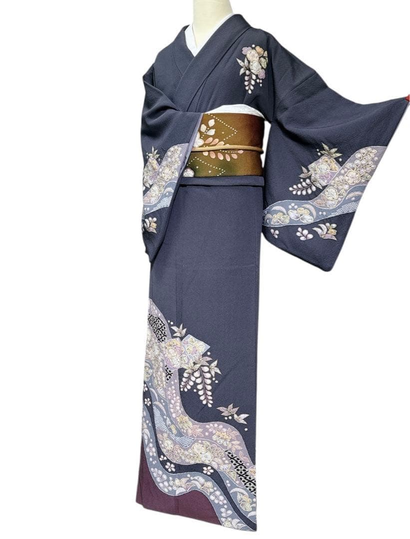 A134愛華 着物 翠山工房　訪問着正絹 濃グレー 絞り 暈し染め 辻が花