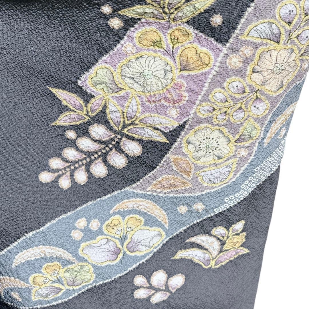 A134愛華 着物 翠山工房　訪問着正絹 濃グレー 絞り 暈し染め 辻が花