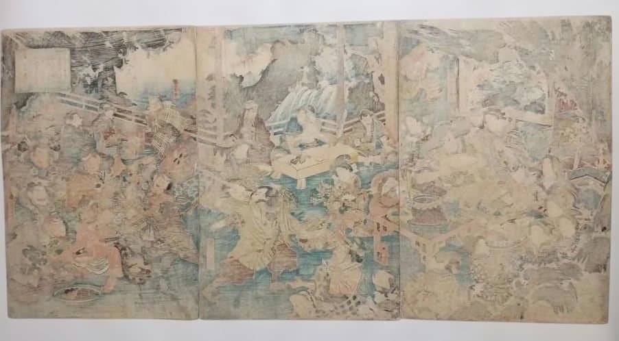 浮世絵版画、酒呑童子酒宴（盗賊)三枚綴り一壽齋国政画（二代歌川国貞)弘化4年出版