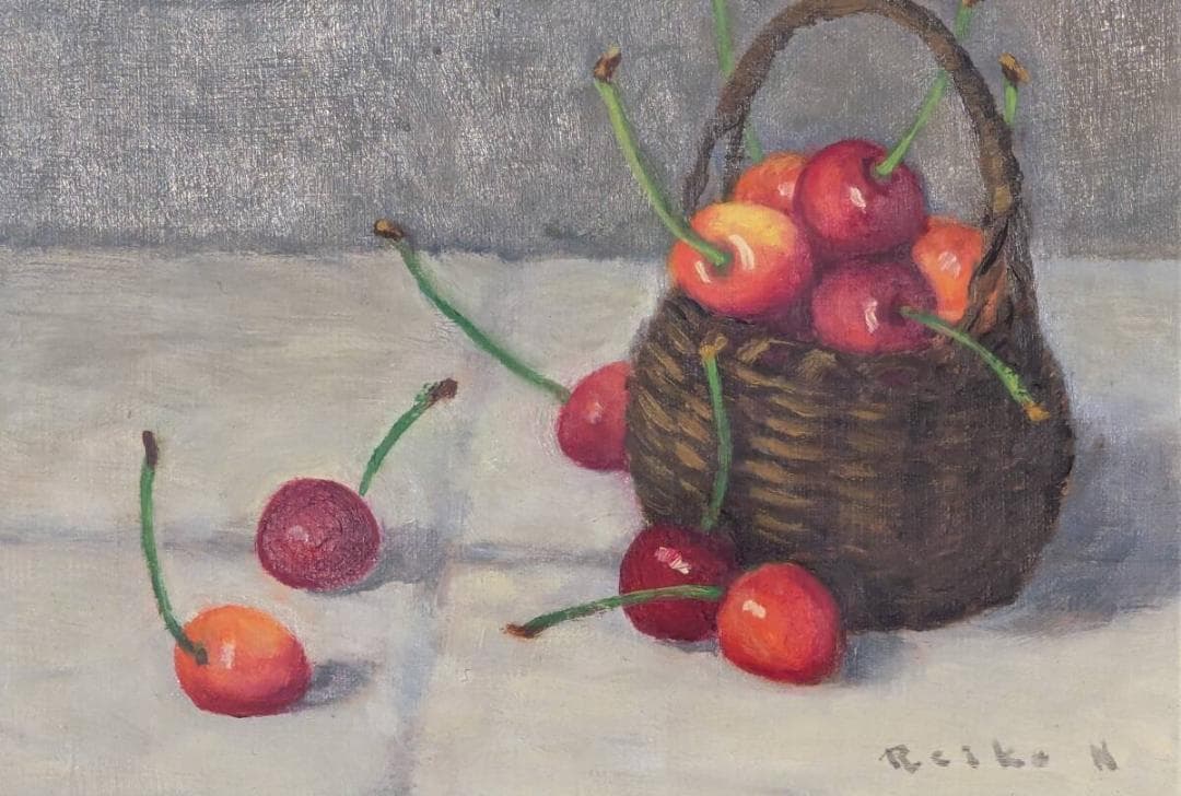 【真作】絵画　長生玲子　油彩SM　籠のさくらんぼ　優雅な筆致が映える静物　Y90
