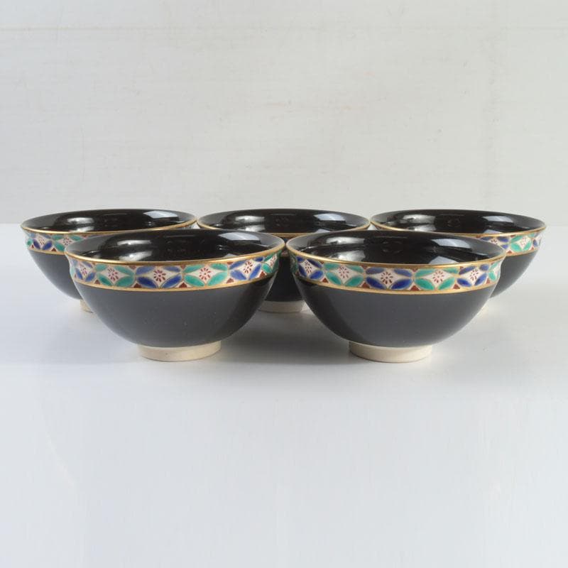 茶道具　京焼　平安　紫雲造　色絵　黒仁清七宝文　数茶碗　五客　V　9486