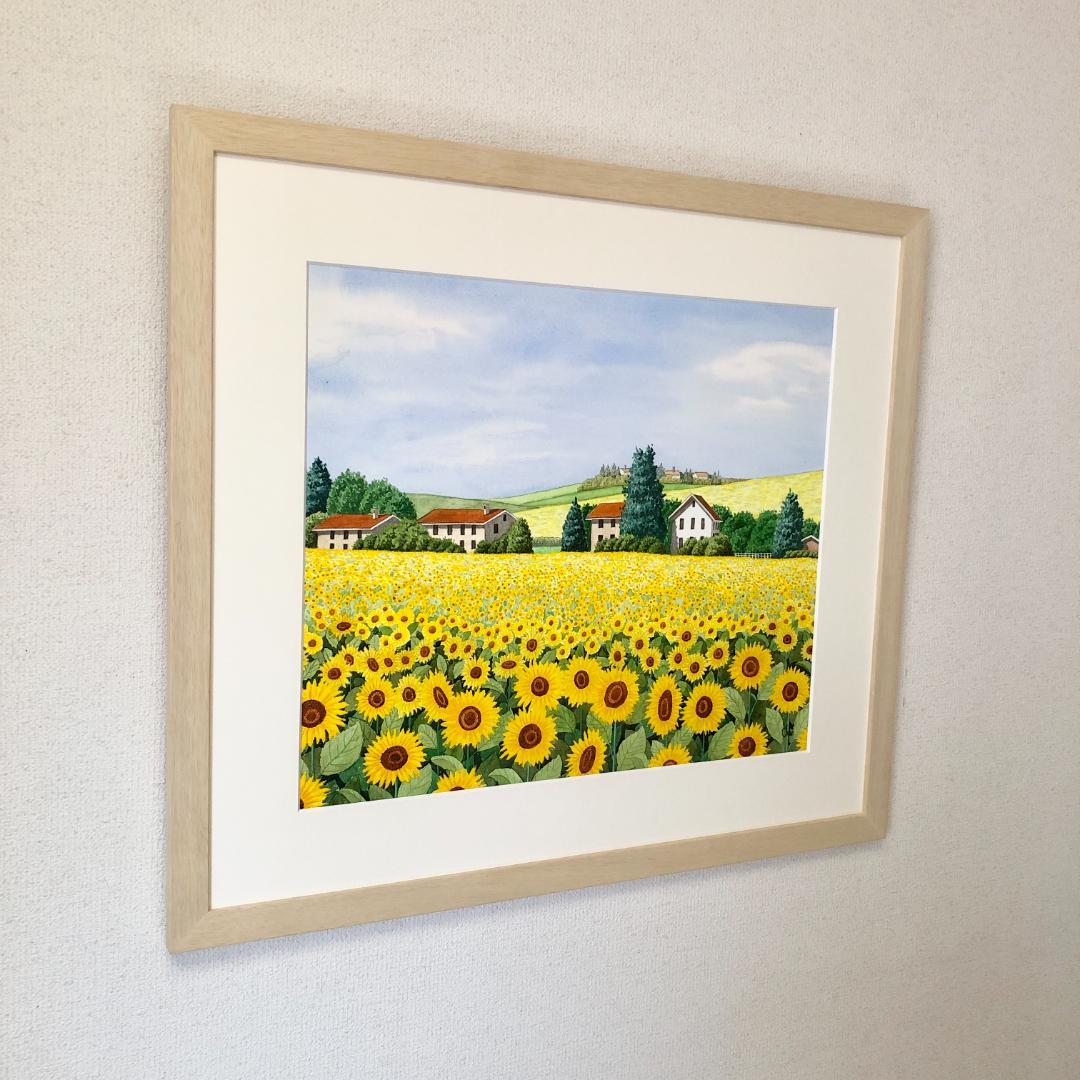 透明水彩画　原画　「ひまわり・幸せの丘」額縁付　F10サイズ　風景画