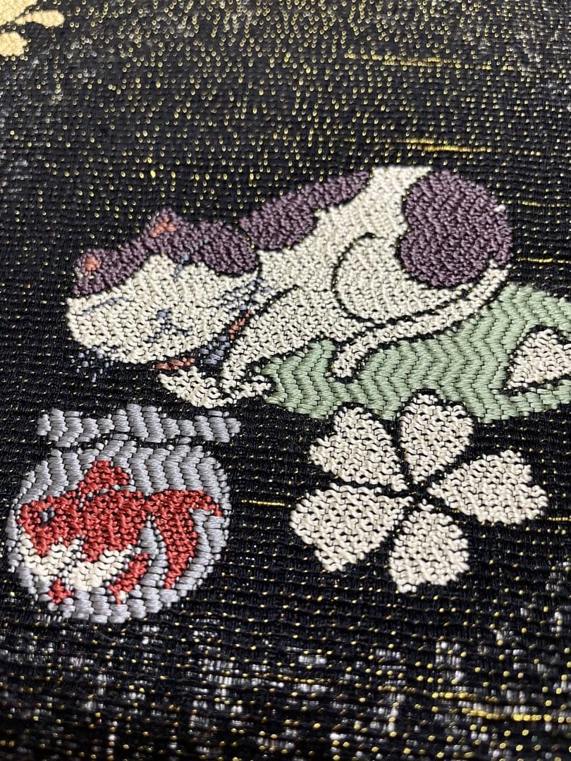 猫 たぬき うさぎ ふくろう 亀 金通し 黒地 袋帯