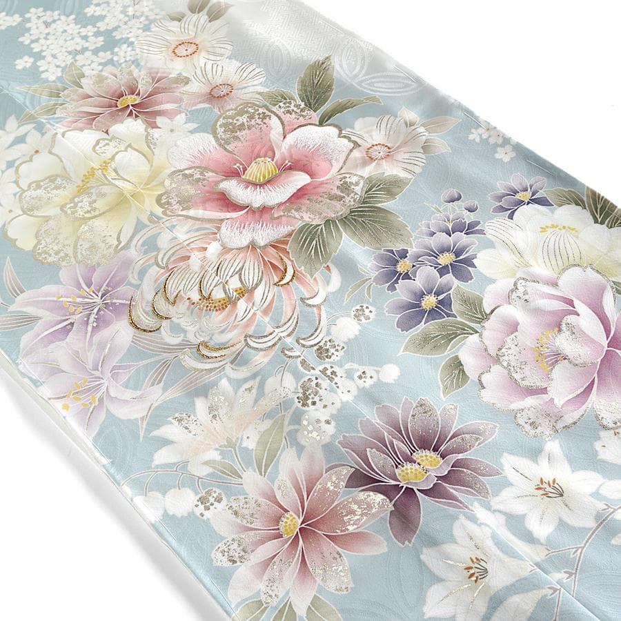 専用　ご予約　振袖　未仕立て　仮絵羽 くすみ水色　牡丹　金糸　ラメ　刺繍　成人式
