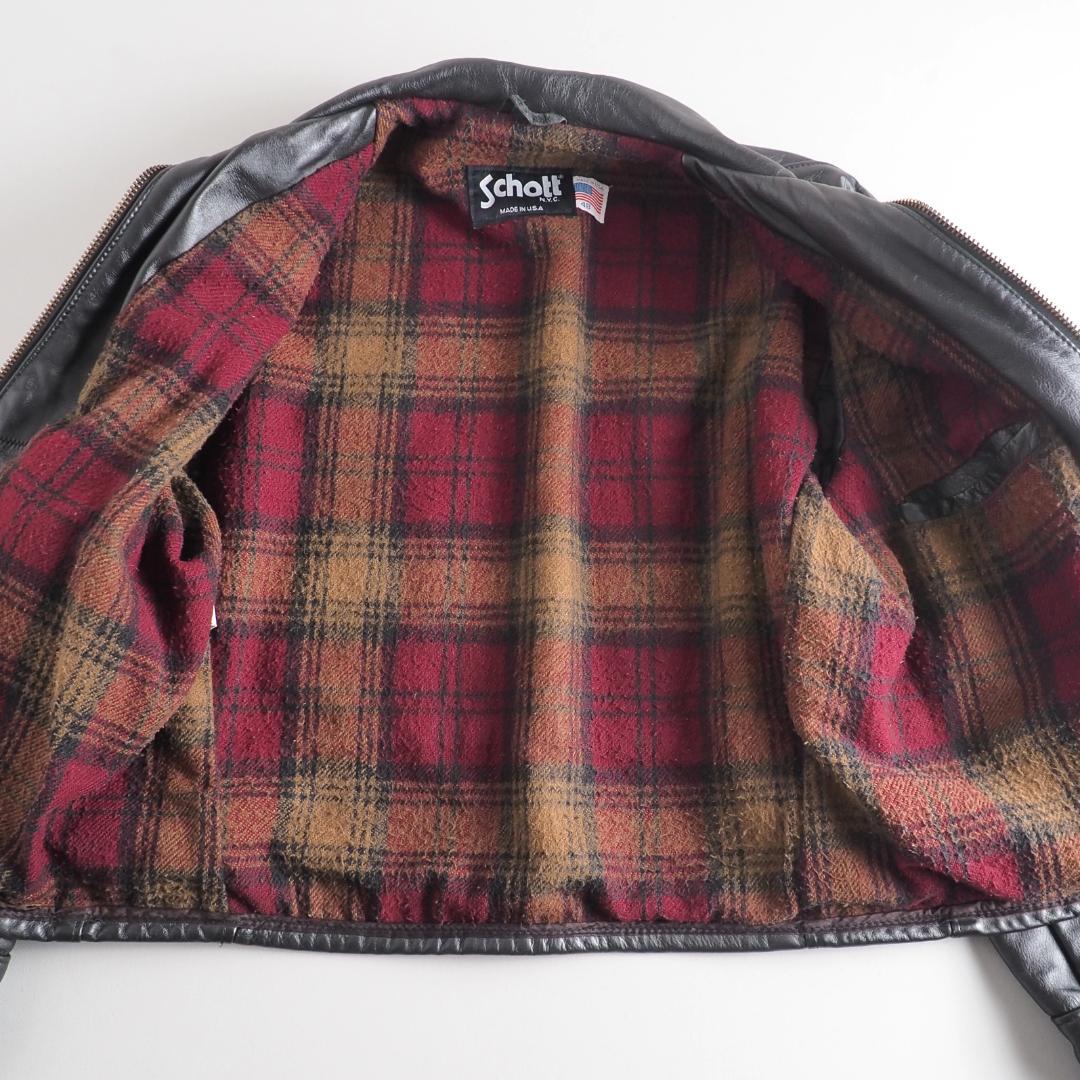 Schott　size48　シングルライダースジャケット　裏地チェック