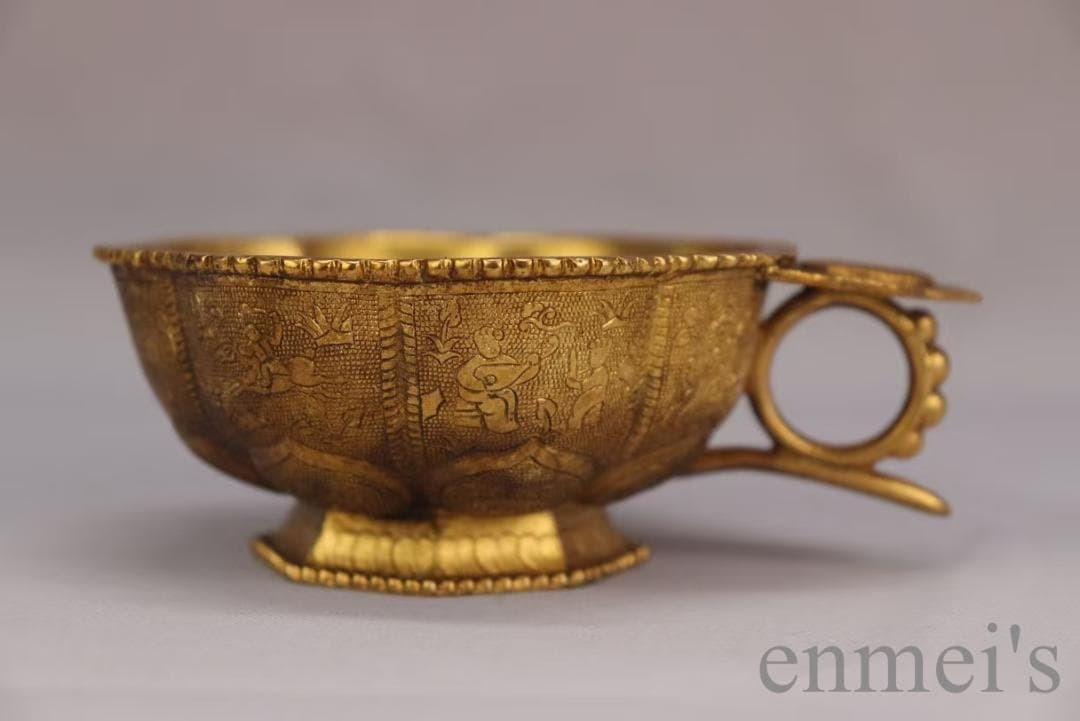 中国古美術 旧蔵 唐代 大唐貞觀款 鍍金銅酒杯 精銅製 小型酒器 文房 純手作り