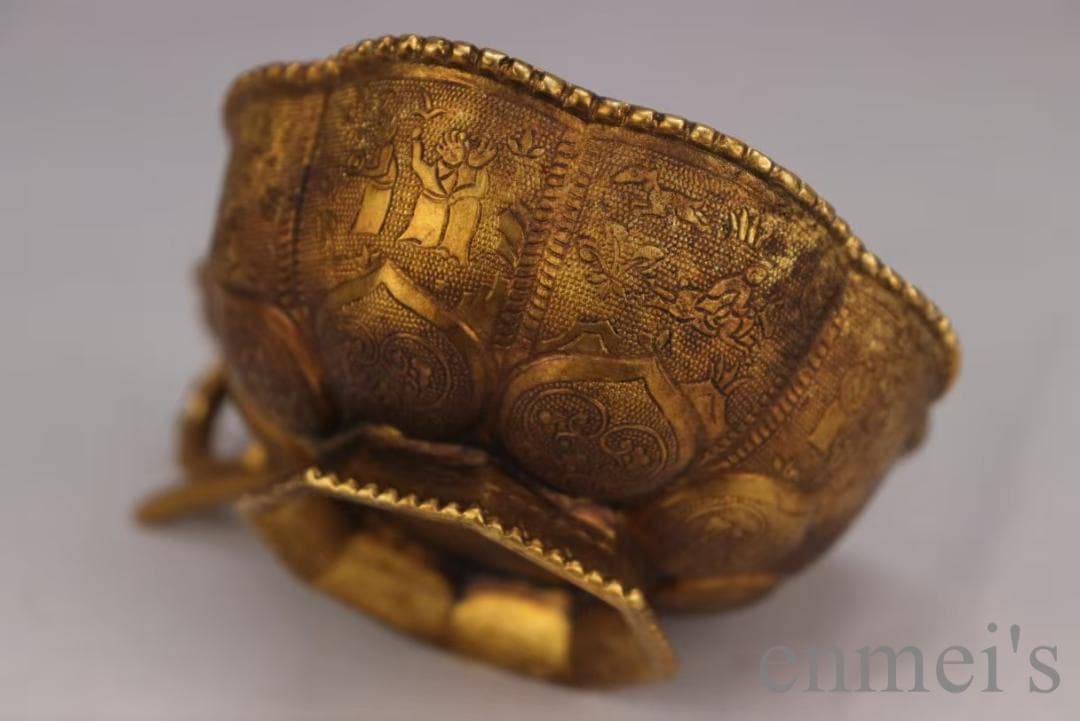 中国古美術 旧蔵 唐代 大唐貞觀款 鍍金銅酒杯 精銅製 小型酒器 文房 純手作り