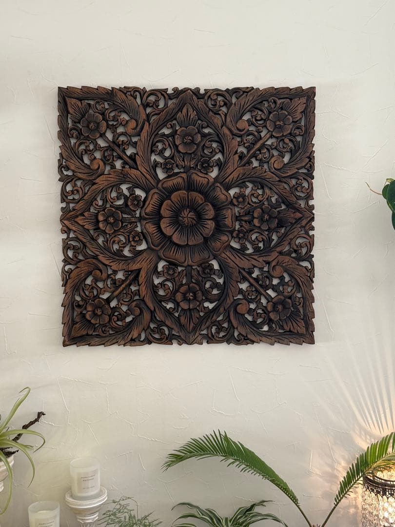 アジアンレリーフ 木製彫刻装飾パネル 約60cm