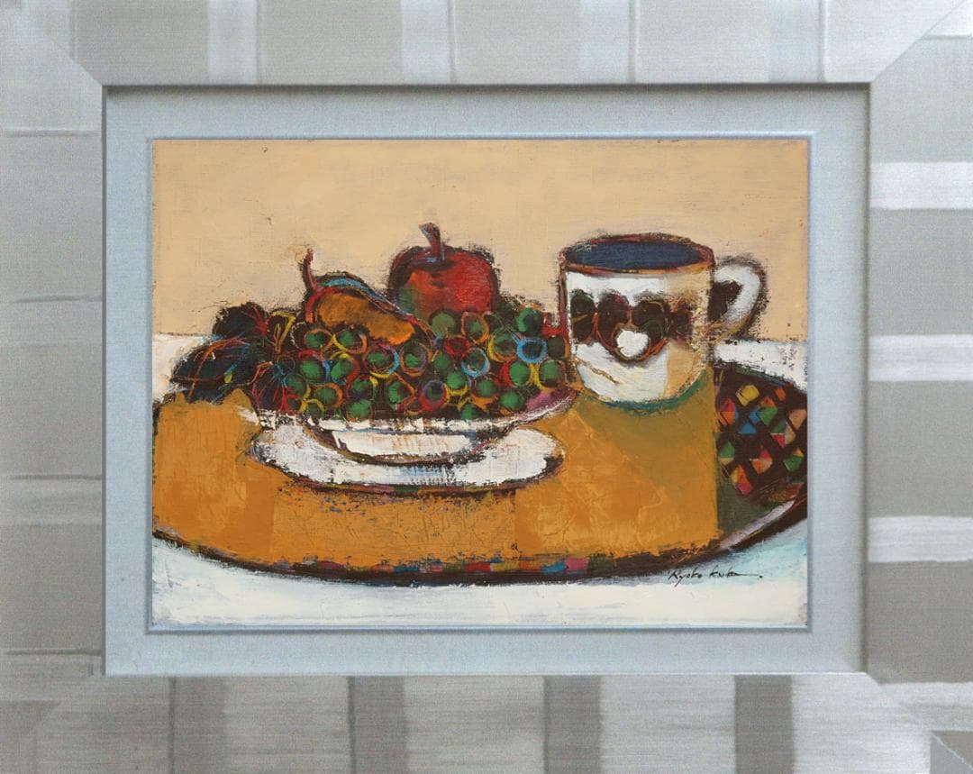 油絵 絵 絵画インテリア 額付(青緑＋金色の枠) uF6-061204 フルーツ