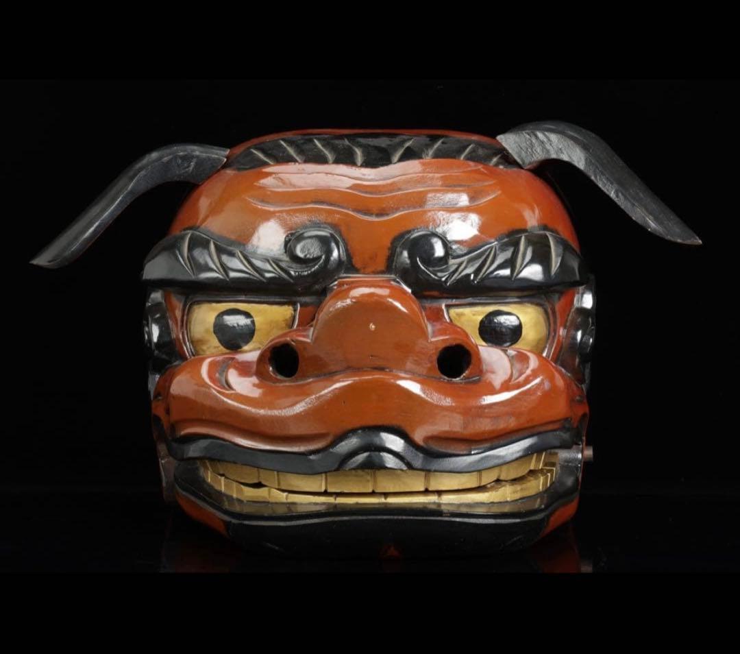 時代物 木彫獅子頭 朱漆塗金彩 幅54cm 獅子舞 神楽面 魔除 縁起物 骨董品