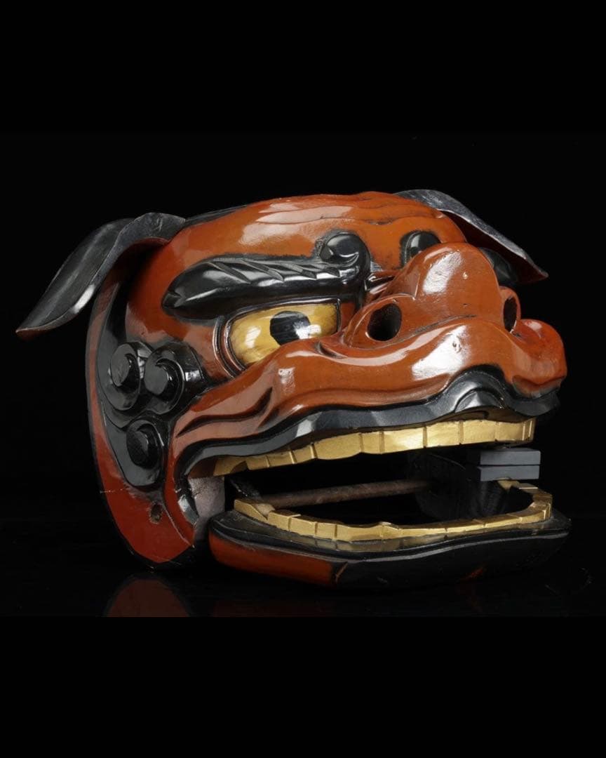 時代物 木彫獅子頭 朱漆塗金彩 幅54cm 獅子舞 神楽面 魔除 縁起物 骨董品